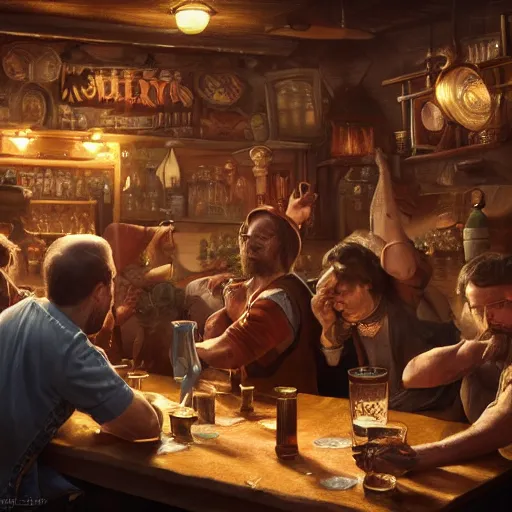 Prompt: busy tavern scene, Ultra realistic, intricate, mysterious, cinematic, 4k, illustration, concept art, photorealistic, award winning on Artstation