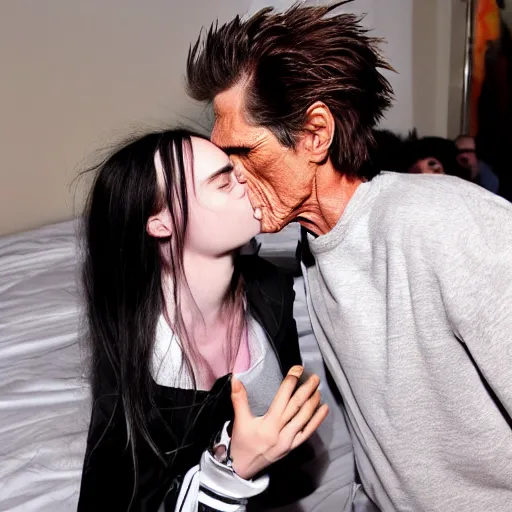 Image similar to willem dafoe kissing billie eilish in a bed