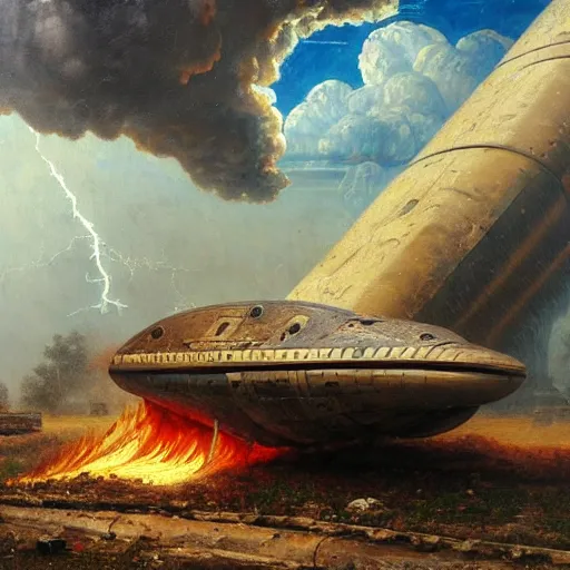 Prompt: a roman spaceship, stuck in the ground, the spaceship is on fire, smoke, rainstorm, lightning, angry, kinetic, adolphe bouguereaum, norman rockwell, trending on artstation, highly detailed oil painting,