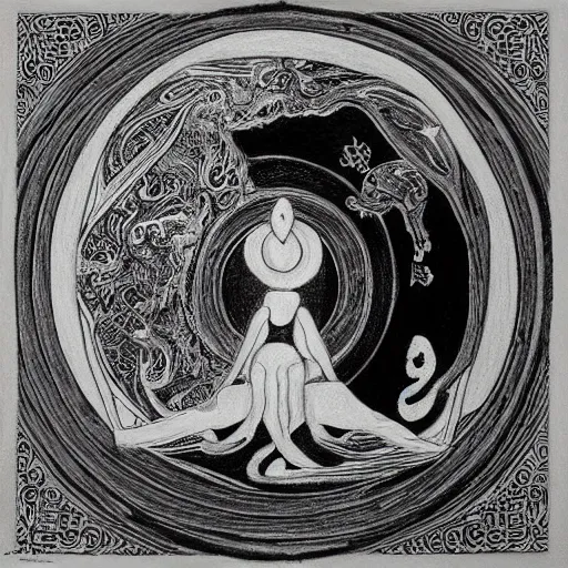 Image similar to a drawing of a woman giving birth to yin - yang daoist symbol, black and white detailed pencil drawing gaia