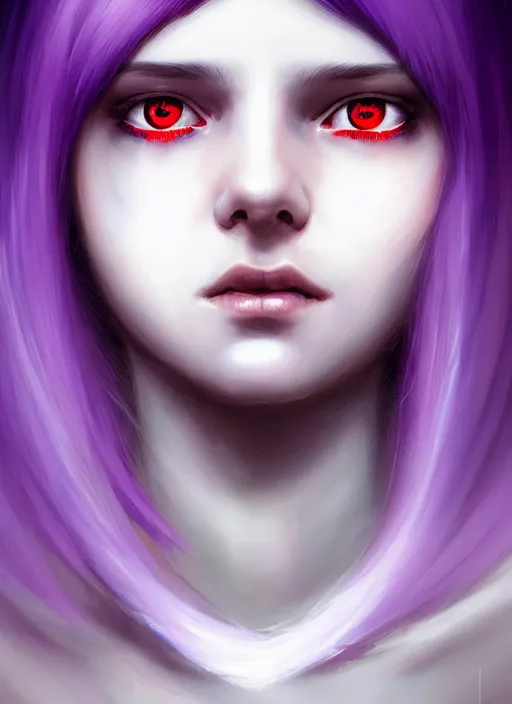 Image similar to hair whitebangs hair, black hair, whitebangs, portrait of teenage girl with white bangs, red irises, purple clothes, white bangs, bangs are different color from hair, intricate, elegant, glowing lights, highly detailed, digital painting, artstation, concept art, smooth, sharp focus, illustration, art by wlop, mars ravelo and greg rutkowski