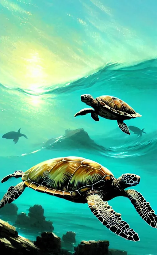 Image similar to sea turtles swimming in the ocean, by greg rutkowski