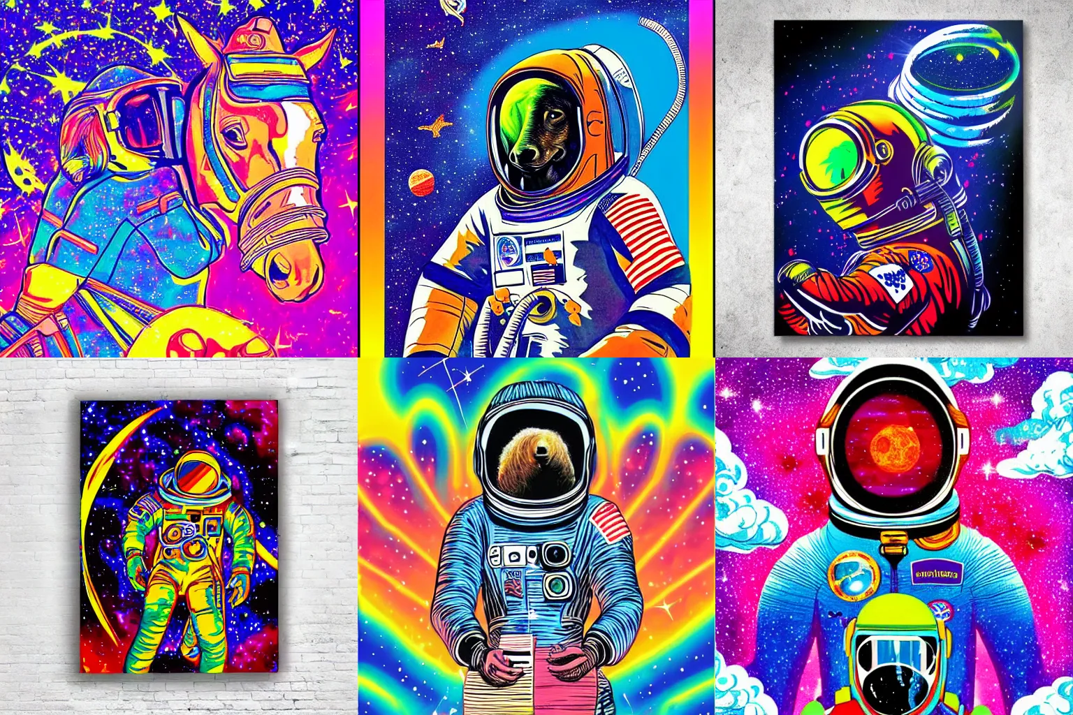 Prompt: Astronaut horse in space, psychedelic art, music cover, 70s, colorful