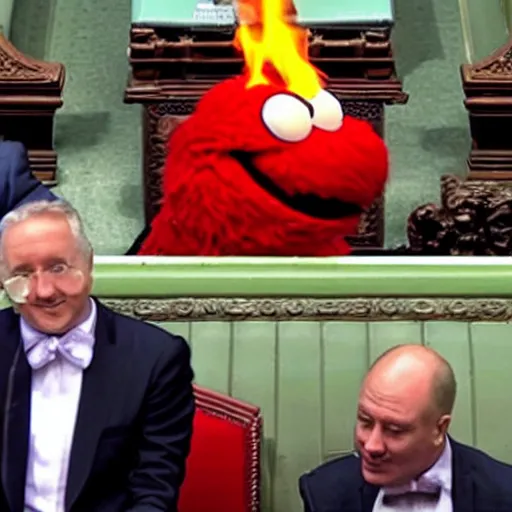 Image similar to Elmo speaking in british parliament while everything is burning around him