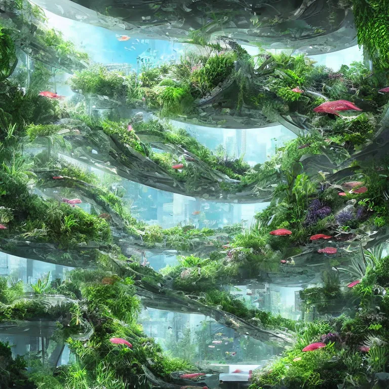 Prompt: Beautiful city of the future, overgrown with trees and plants. An aquarium. Beautiful artistic digital artwork by artist Lurid. (2022)