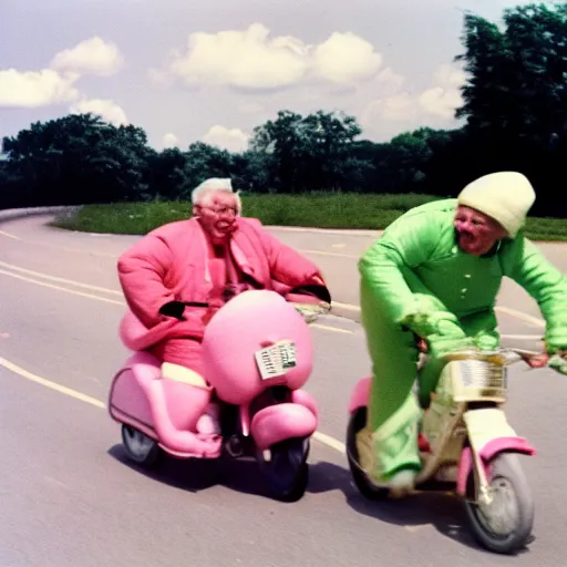 Image similar to a martin parr photo of a grandpa couple, wearing michelin man white body costumes, going super fast on a pink pig, 1 9 7 0 s kodachrome colour photo, flash on camera,