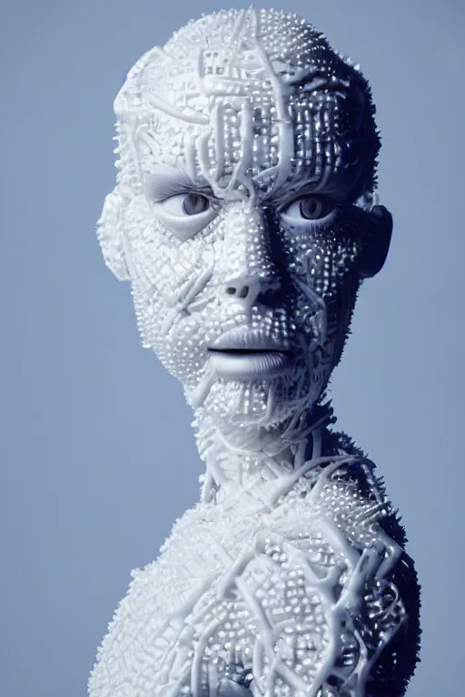 Image similar to full head and shoulders, bjork porcelain sculpture, smooth, delicate facial features, white eyes, white lashes, detailed white, lots of 3 d cyborg elements, prosthetic, anatomical, all white features on a white background, by daniel arsham and james jean