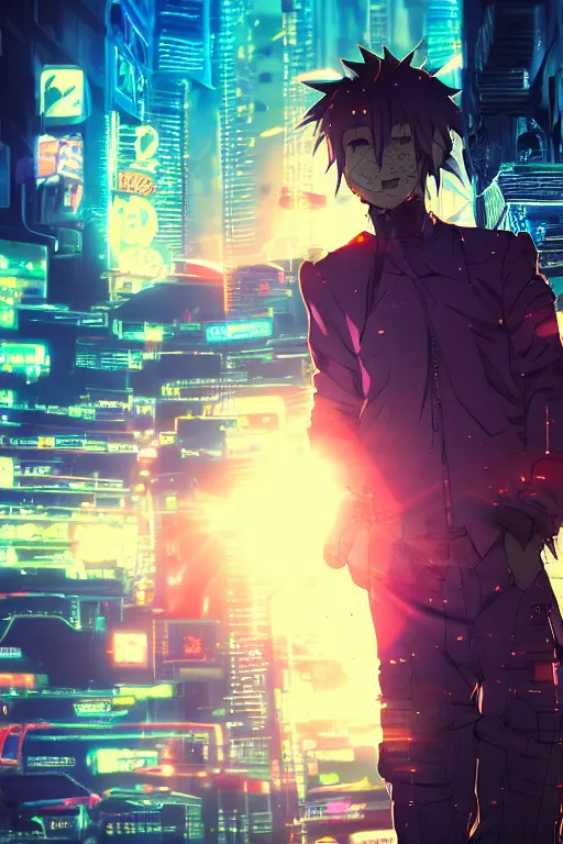 Image similar to beautiful anime man with grin on his face in a cyberpunk environment, sunset, very accurate and detailed, 8k