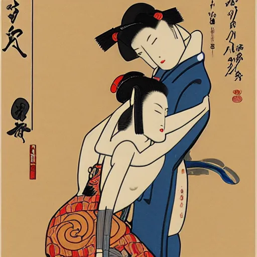 Image similar to a robotic man and woman hugging, shunga style, ukiyo - e art, artstation