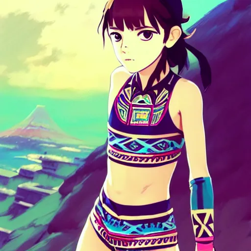 Image similar to a beautiful boyish emma watson alluring instagram model, wearing japanese hiphop aztec leotard outfit with mayan pattern and native style, aztec street fashion bathing suit, botw style, gapmoe yandere grimdark, trending on pixiv fanbox, painted by greg rutkowski makoto shinkai takashi takeuchi studio ghibli, akihiko yoshida