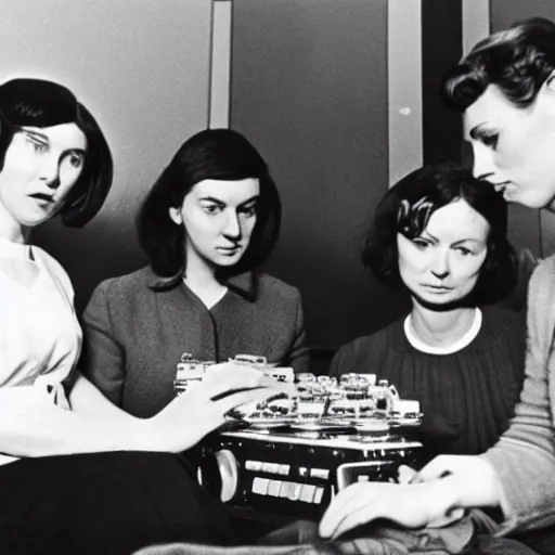 Prompt: delia derbyshire and daphne oram and wendy carlos are having a picnic