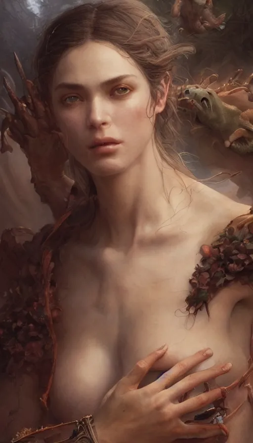 Prompt: epic masterpiece mila jovovic, sweaty skin, hyperrealistic, octane render, cinematic, beautiful face and flawless skin, perfect hands, 5 fingers, by Edgar Maxence and Ross Tran and Michael Whelan, Legends of Runeterra