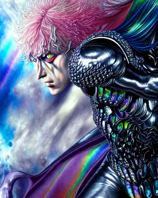 Image similar to realistic detailed image of ultra wrathful rainbow diamond iridescent mega griffith from berserk, depth perception, depth of field, action horror by ayami kojima, neo - gothic, gothic, part by adrian ghenie and gerhard richter. art by yoshitaka amano. masterpiece