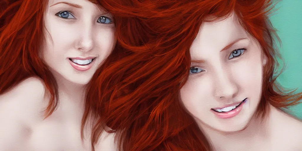 Prompt: Young woman with auburn hair looking into the camera and smiling slight, digital painting