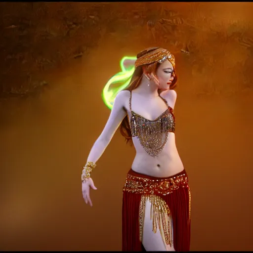 Prompt: a photorealistic portrait of actress emma stone dressed as a belly dancer, arabian night, volumetric lightening, octane render, high quality, fully detailed, 4 k, in focus sharp face with fine details, realistic hands and anatomical composition, inspired by belly dancer on youtube, alphonse mucha, masterpiece, stunning