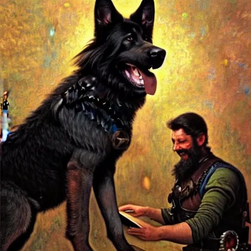 Image similar to a portrait of a black german shepard dogman canine viking with human eyes smiling holding computer console. shadowrun cyberpunk fantasy d & d highly detailed painting by gaston bussiere craig mullins jc leyendecker gustav klimt artgerm greg rutkowski