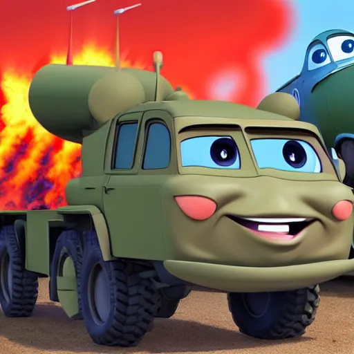 Image similar to HIMARS with missile, Pixar, Cars cartoon, detailed