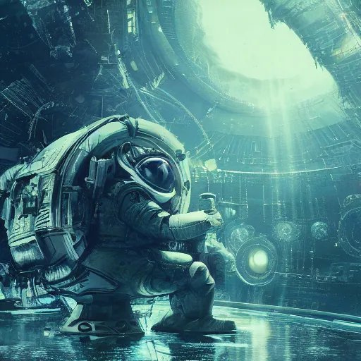 Image similar to concept art by craig mullins astronaut in futuristic dark and empty spaceship underwater. infrared complex and hyperdetailed technical suit. mandelbulb fractal. reflection and dispersion materials. rays and dispersion of light. volumetric light. 5 0 mm, f / 3 2. noise film photo. flash photography. unreal engine 4, octane render. interstellar movie art