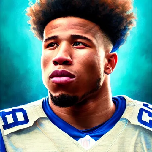Image similar to highly detailed portrait of saquon barkley wearing a ny giants football shirt, unreal engine, fantasy art by greg rutkowski, loish, rhads, ferdinand knab, makoto shinkai and lois van baarle, ilya kuvshinov, rossdraws, tom bagshaw, global illumination, radiant light, detailed and intricate environment h 6 0 4