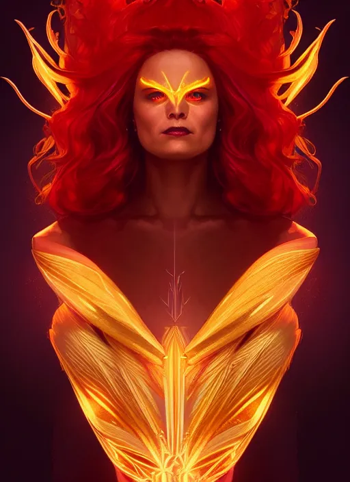 Image similar to symmetry portrait of the dark phoenix from x - men, glowing lights, intricate, elegant, highly detailed, digital painting, artstation, concept art, smooth, sharp focus, illustration, art by artgerm and greg rutkowski and alphonse mucha