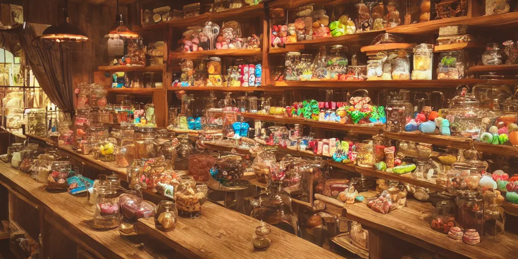 Prompt: Inside an old fashioned sweet shop, jars on shelves, fantasy vendor interior, wide angle, cinematic, highly detailed, photorealistic, rich bright colors, trending on artstation