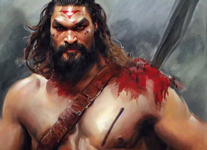 Prompt: a highly detailed beautiful portrait of jason momoa as kratos, by gregory manchess, james gurney, james jean