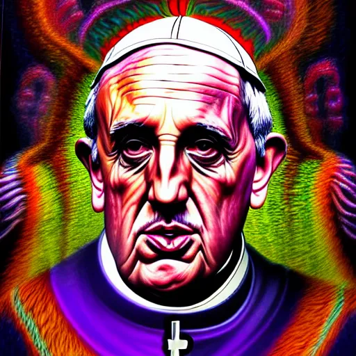 Image similar to an extremely psychedelic portrait of the pope, surreal, lsd, face, detailed, intricate, elegant, lithe, highly detailed, digital painting, artstation, concept art, smooth, sharp focus, illustration