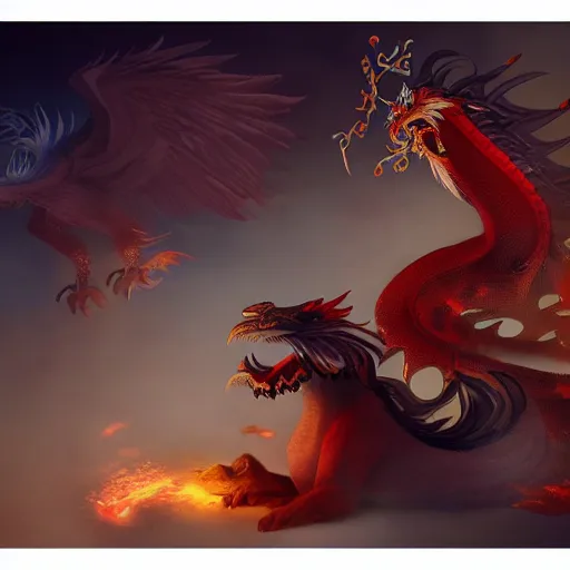 Image similar to brother grimms fairytale chinese dragon and phoenix digital art, irina french, heraldo ortega, mandy jurgens trending on artstation 8 k 1 5 0 mpx