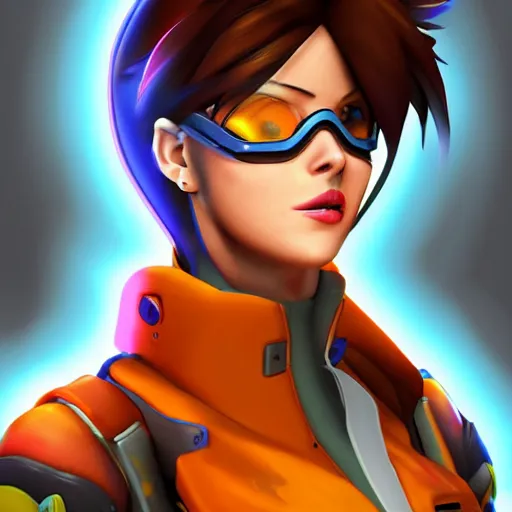 Image similar to digital painterly artwork of tracer from the game overwatch