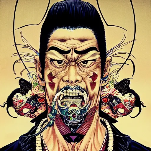 Image similar to portrait closeup of crazy yakuza man, symmetrical, by yoichi hatakenaka, masamune shirow, josan gonzales and dan mumford, ayami kojima, takato yamamoto, barclay shaw, karol bak, yukito kishiro