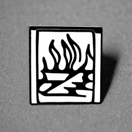 Image similar to a square enamel pin of a retro minimalistic fire flame warning label, smooth curves