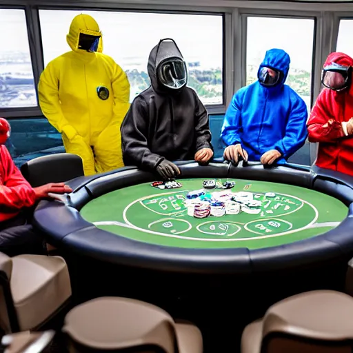 Prompt: a group of men wearing hazmat suits are sitting around a circular poker table