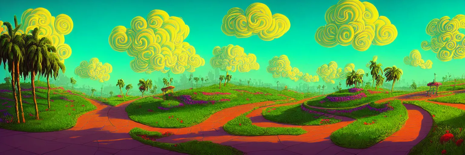 Image similar to curled perspective digital art of curly clouds cobblestone street with wildflowers to a casino in top of a hill with curly palmtrees by anton fadeev from nightmare before christmas