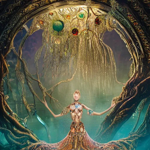 Prompt: under an intricate like jewels epic forest suspended in the air upside down, a pool with intricate and surreal epic circles of water within which float phantasmagoric robotic humanoids, dressed in intricate veils and jewels, epic environment, matte painting, diffused lighting, highly detailed, cinematic, epic atmosphere, digital art, trending on artstation, depth of field, wide angle