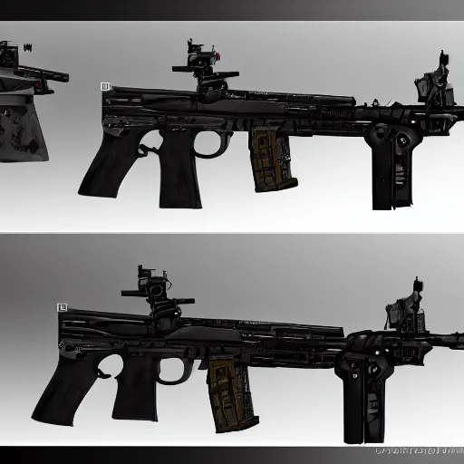 Prompt: new technology machine guns rifles attactments development inventions digital painting high detail sharp 4 k 8 k trending on artstation