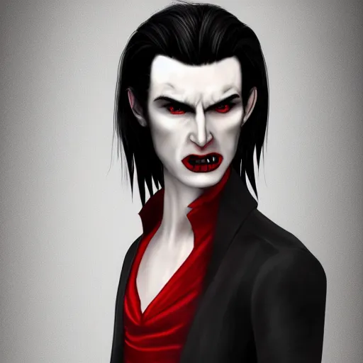 Prompt: a vampire, male, mid - 3 0 s aged, long, slicked black hair, clean shaven, in red and black, regal, high fantasy, realistic, highly detailed, full body shot, concept art, 8 k.