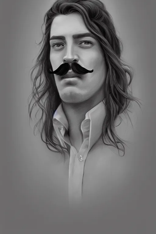 Image similar to a drawing of a man with long hair and a salvador dali mustache, an ultrafine detailed painting by Charlie Bowater, trending on Artstation, digital art, speedpainting, digital painting, artstation hq