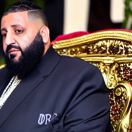 Image similar to DJ Khaled wearing a VR headset, sitting on an ornate red velvet throne