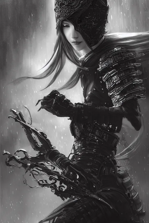 Image similar to portrait Ninja gaiden girl, armored black and white color ninja wardrobe, in ruin japanese rainny temple night, ssci-fi and fantasy, intricate and very very beautiful and elegant, highly detailed, digital painting, artstation, concept art, smooth and sharp focus, illustration, art by tian zi and WLOP and alphonse mucha