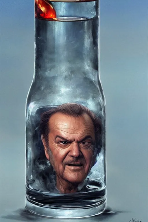 Prompt: a ship in a bottle but instead of a ship it is jack nicholson in the bottle, masterpiece painting by artgerm, greg rutkowski, tom bagshaw