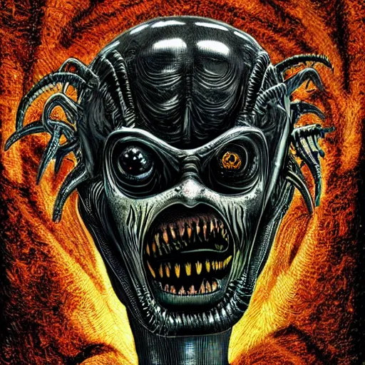 Image similar to space alien, slimy, glossy, sharp teeth, by h. r. giger, nightmare fuel, nightmarish, intricate, highly detailed, optical illusion, stranger things demogorgon