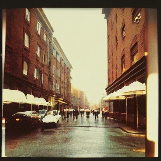 Image similar to low angle wide shot of Night Vale street in the early morning, after rain, lomography, polaroid photo, by Warhol,