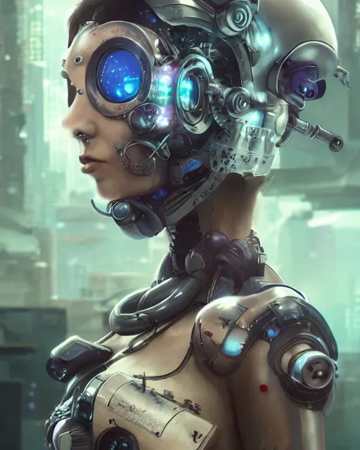Prompt: a cyberpunk sailor moon with arm tattoos, cybernetic enhancements doing research, detailed mask, scifi character portrait by greg rutkowski, esuthio, craig mullins, cinematic lighting, dystopian scifi gear, gloomy, profile picture, mechanical, half robot, implants, steampunk