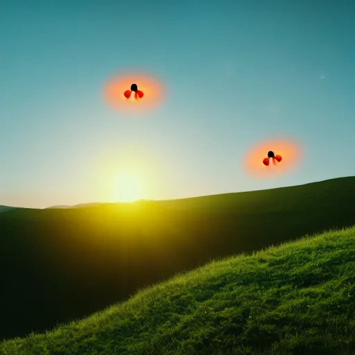 Image similar to a wide angle photo of three small orange glowing people flying over rolling green hills, far away, inspiring, beautiful, brightly colored, paranormal