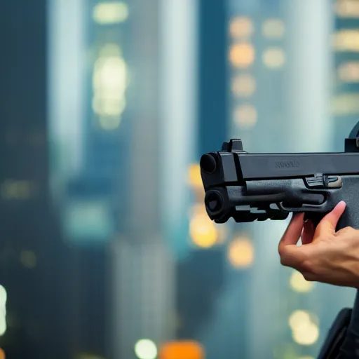 Image similar to photographic portrait of a techwear woman holding a Glock 18, closeup, on the rooftop of a futuristic city at night, sigma 85mm f/1.4, 4k, depth of field, high resolution, full color, two coherent arms