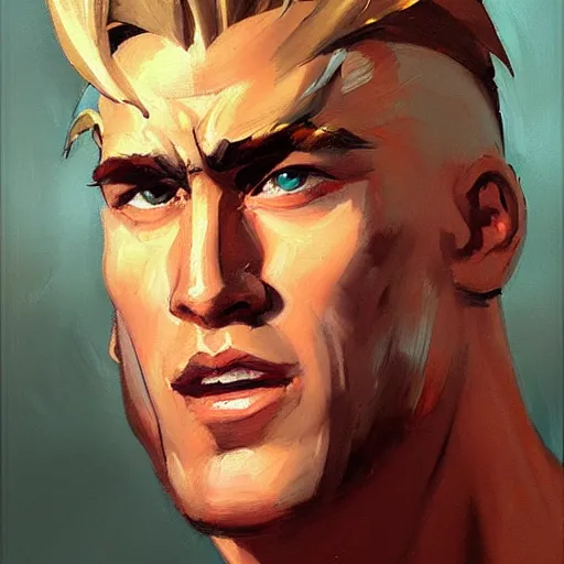 Image similar to greg manchess portrait painting of guile from street fighter as overwatch character, medium shot, asymmetrical, profile picture, organic painting, sunny day, matte painting, bold shapes, hard edges, street art, trending on artstation, by phil hale and gil elvgren and gerald brom