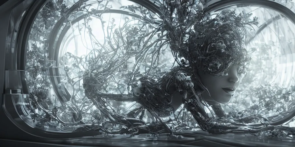 Prompt: a cyborg plant creature from the future sleeping in a glass room full of viscous clear liquid, creature has intelligent orchid stems over her head,Highly Detailed, Cinematic Lighting, rim light, hyper real, black and white, photo-realistic Unreal Engine, 8K