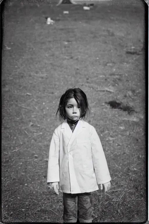 Image similar to photo polaroid of a sad and lonely child in a white coat stands in the middle many big tents of field hospitals, pandemic, covid,loneliness, black and white ,photorealistic, 35mm film,