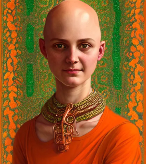 Image similar to portrait of teenage medusa, bald, naughty smile, coral snakes cover her head, wearing an embroidered orange tunic, intricate, elegant, copper and emerald jewelry, glowing lights, highly detailed, digital painting, artstation, concept art, smooth, sharp focus, illustration, art by wlop, mucha, artgerm, and greg rutkowski