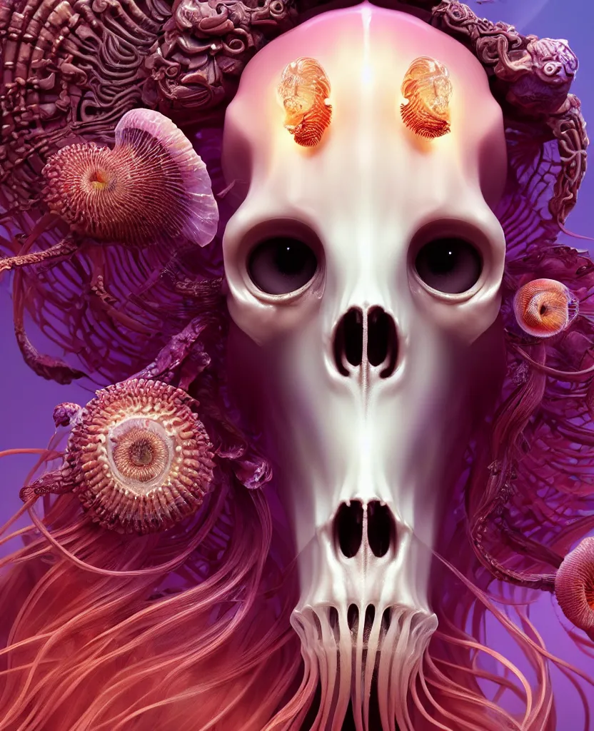 Image similar to goddess princess face close-up portrait ram skull. jellyfish phoenix head, nautilus, orchid, skull, betta fish, bioluminiscent creatures, intricate artwork by Tooth Wu and wlop and beeple. octane render, trending on artstation, greg rutkowski very coherent symmetrical artwork. cinematic, hyper realism, high detail, octane render, 8k